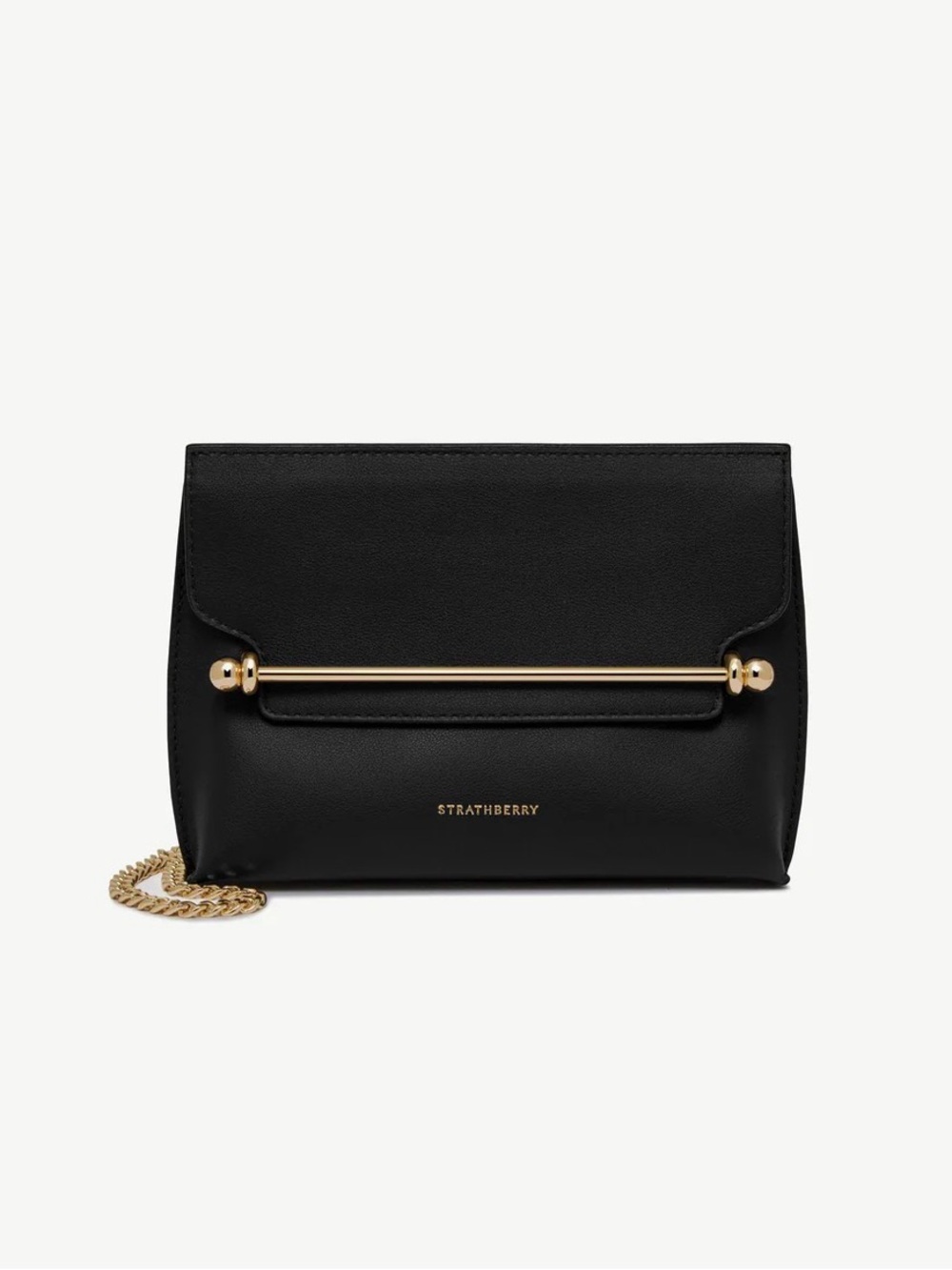Strathberry Black Leather Crossbody with Gold Bar Detail